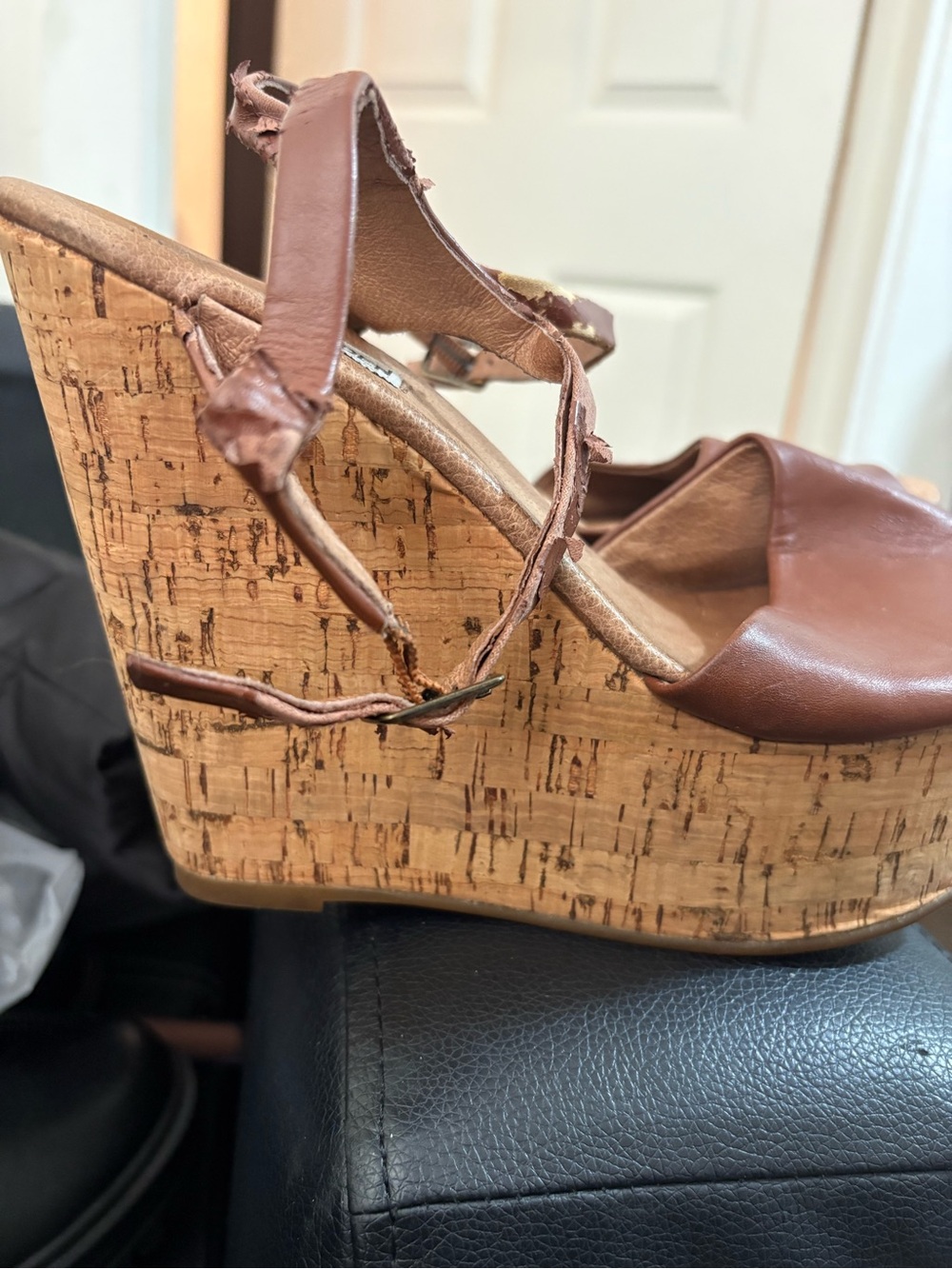 Steve Madden Brown Leather Cork Wedge Sandals